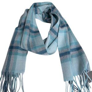 Nordstrom Rack 100% Cashmere Scarf Light Blue Plaid Fringed NEW